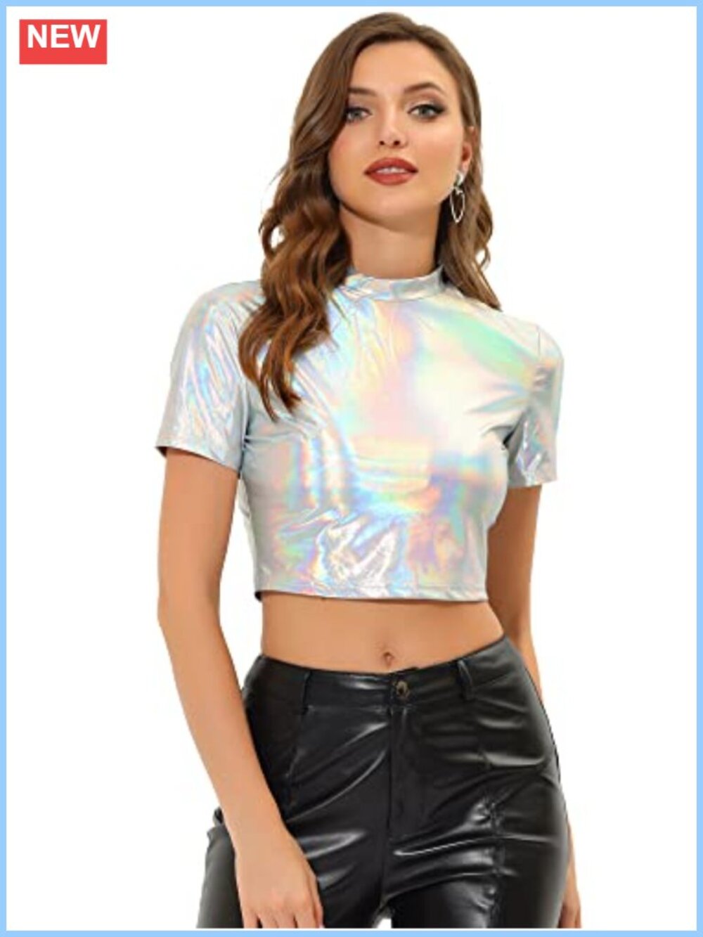 Holographic Metallic Mock Neck Crop Top Short Sleeve Party Clubwear